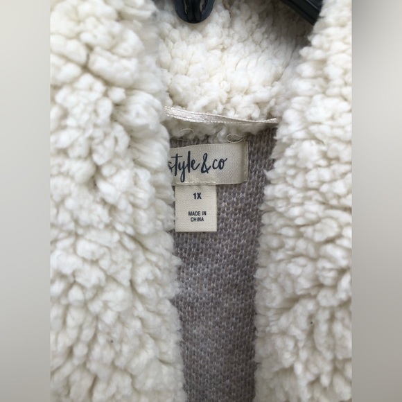 New Style & Co. Womens Plus Sherpa Collar Open Front Sweater Beige - Picture 4 of 9